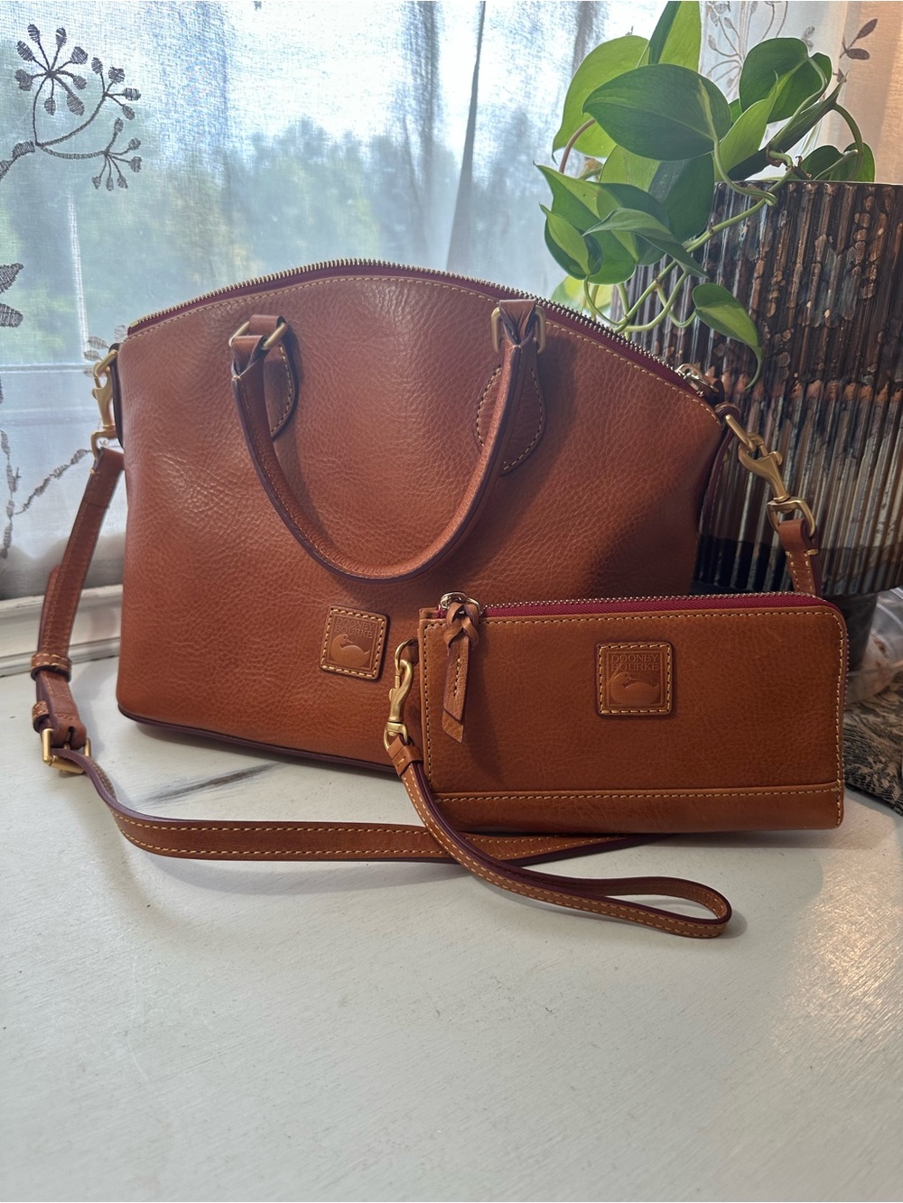 Dooney & Bourke Soft Cognac Pebbled Leather Satchel and Wristlet Set